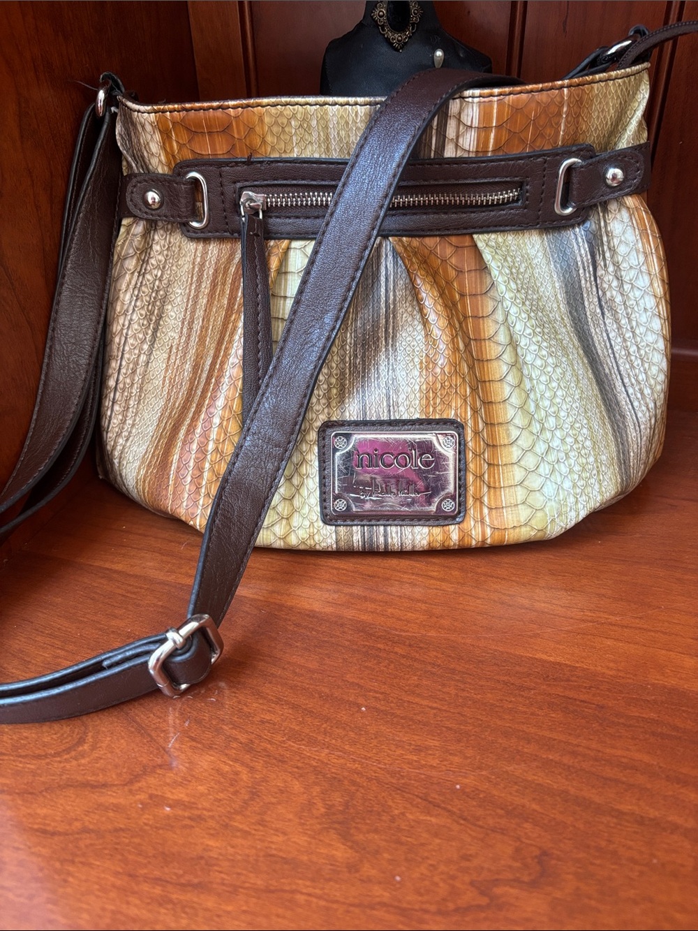 Nicole Multitone Tan, Brown & Cream Textured Crossbody Bag faux leather